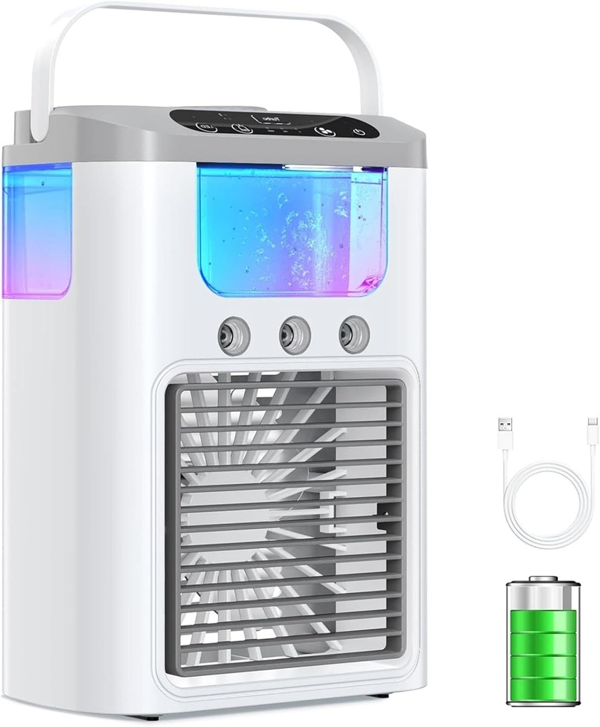 Portable Air Conditioners, Desktop Evaporative Fan with 3 Speeds & 3 Mist Modes, 7-Color LED Lights, Quiet Mini Air Cooler for Tabletop Home, Office, Bedroom