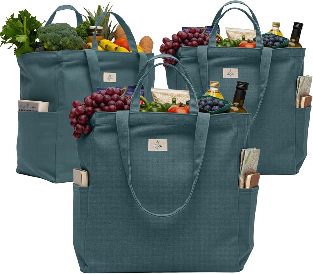 Nook Theory Heavy Duty Reusable Canvas Grocery Bags - 3 Pack, 100% Cotton 12Oz with Duo Handles, XL Large Kitchen Grocery Bags, Reusable Shopping Bags for Groceries, Foldable Tote Bag (Ocean)