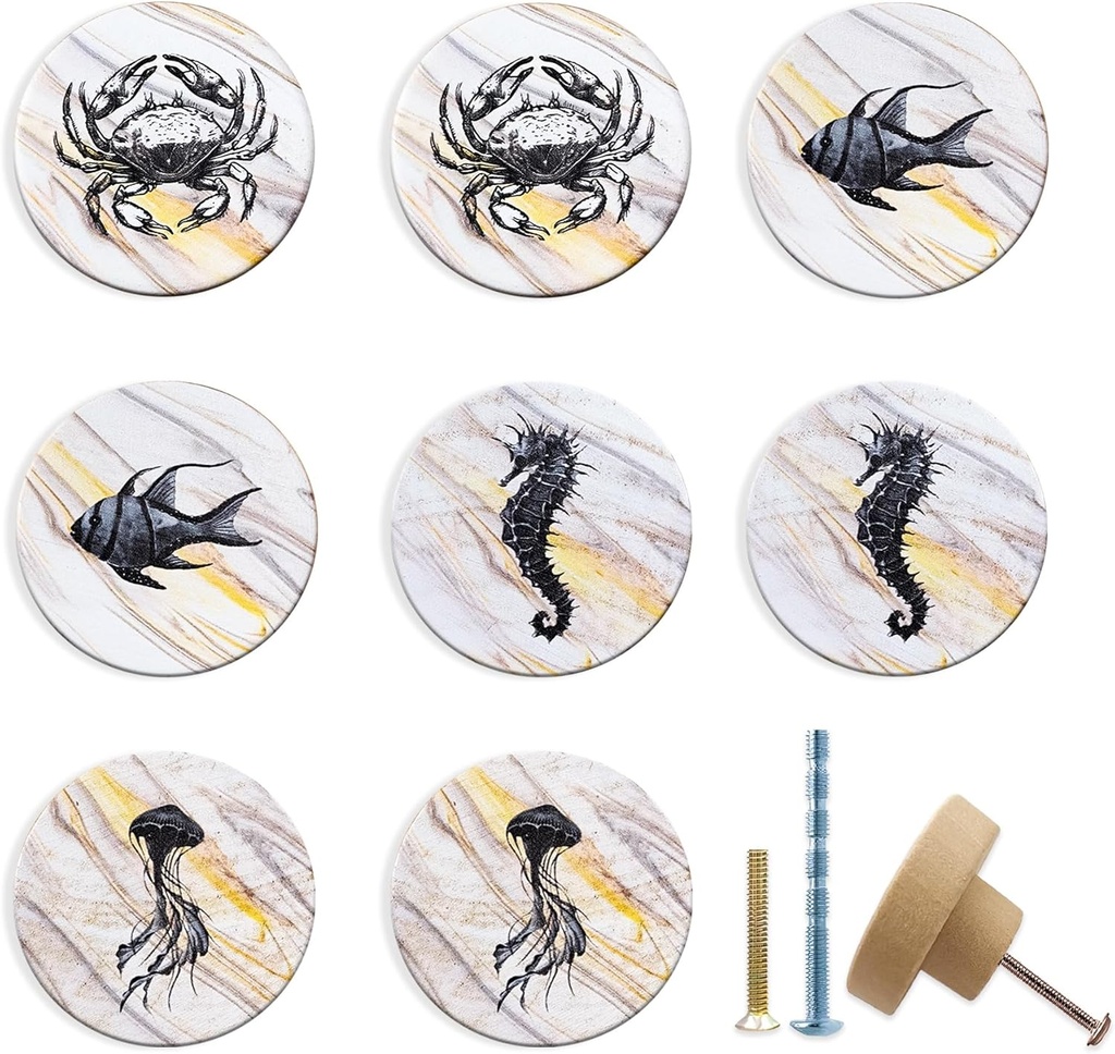 JamJam 8pack 1.8" Wooden Cute Unique Fun Nursery Kids Ocean Sea Fish Starfish Cabinet Door Dresser Drawer Knobs and Pulls