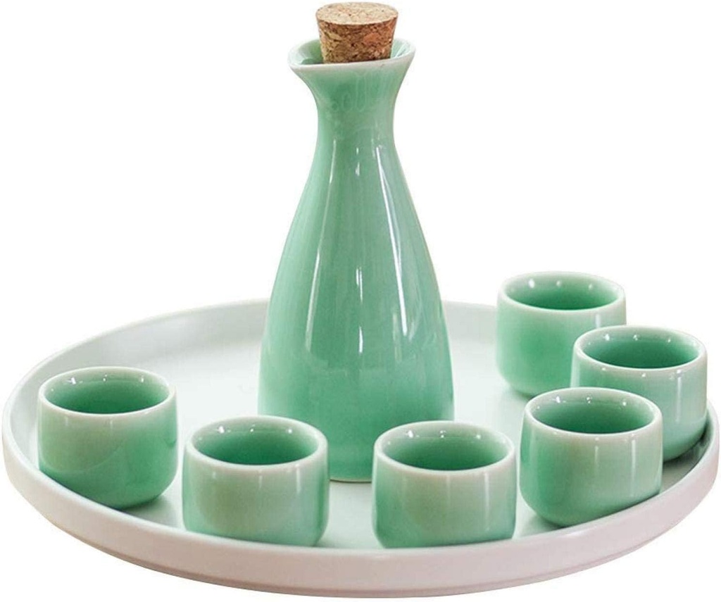 Refineness Sake Set, 8 Pcs Ceramics Wine Set Japanese Styleset Gift White Wine Set for Drink Shochung Tea/Glaze/8Pcs(Cyan)