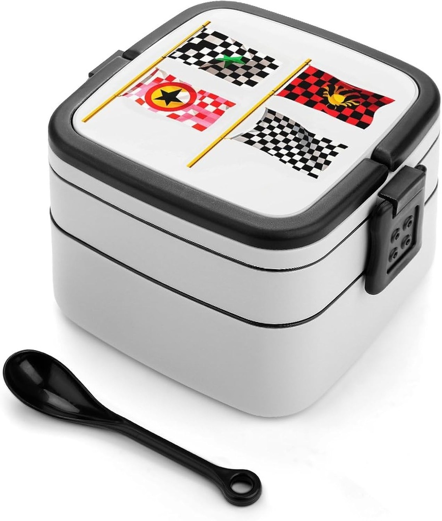 Bento Box Stackable Lunch Box with 2 Compartments Leak-Proof Food Storage Containers Checkered Flags Race Flags Bento Lunch Box for Adults Lunch Containers with Utensil Set