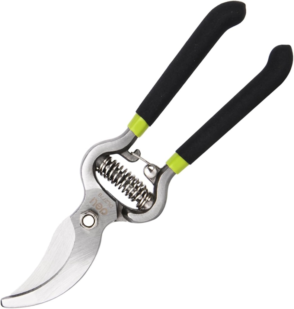 Deli 8-inch Garden Pruning Shears, High Carbon Steel Blade, 15mm Max Cut, Ergonomic Dual-Color Grip
