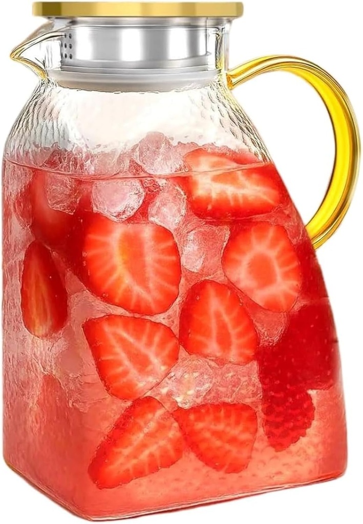Glass Pitcher with Lid and Handle, 1.8L/63oz Leak-Proof, for Hot/Cold Water, Coffee, Iced Sun Tea, Heat Resistant, with Stainless Steel Lid (1.5L (52.9oz))