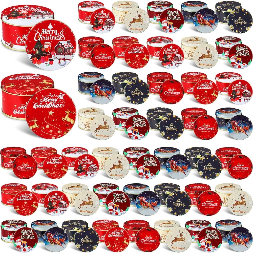 Maxcheck 48 Pcs Round Christmas Cookie Tins with Lids - 3.5 oz Metal Candle Tins for Gift Giving, Cookie & Candy Storage