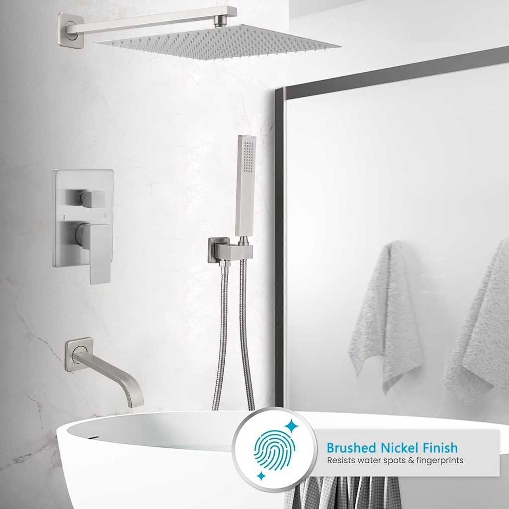 Brushed Nickel Rain Shower System Tub Shower Faucet Set 12 Inch Square Rainfall Shower Head with Handheld Sprayer and Tub Spout Rough-in Valve Shower Mixer Combo