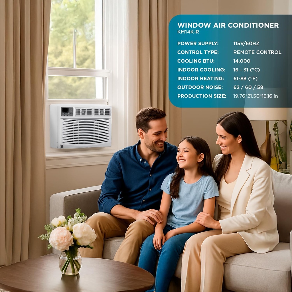 Kenmore 14000 BTU Window Air Conditioner with Remote - Whisper-Quiet (60 dBA), Efficient EER 10.8 for 700 Sq Ft Rooms, 3 Fan Speeds, Eco & Sleep Modes, Easy Install - KM14K-R
