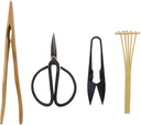 BambooMN Bonsai Tool Kit - Includes: Pruning Shears, Precision Scissors, Bamboo Rake, and Bamboo Branch Holder