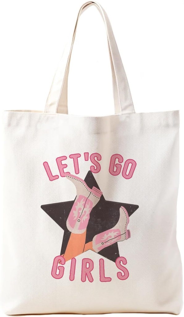 Western Canvas Tote Bag for Women, Pink preppy Cowgirl Boot Let's Go Tote Bags, Cowgirl Gifts for Women, Shopping Bag Reusable Grocery