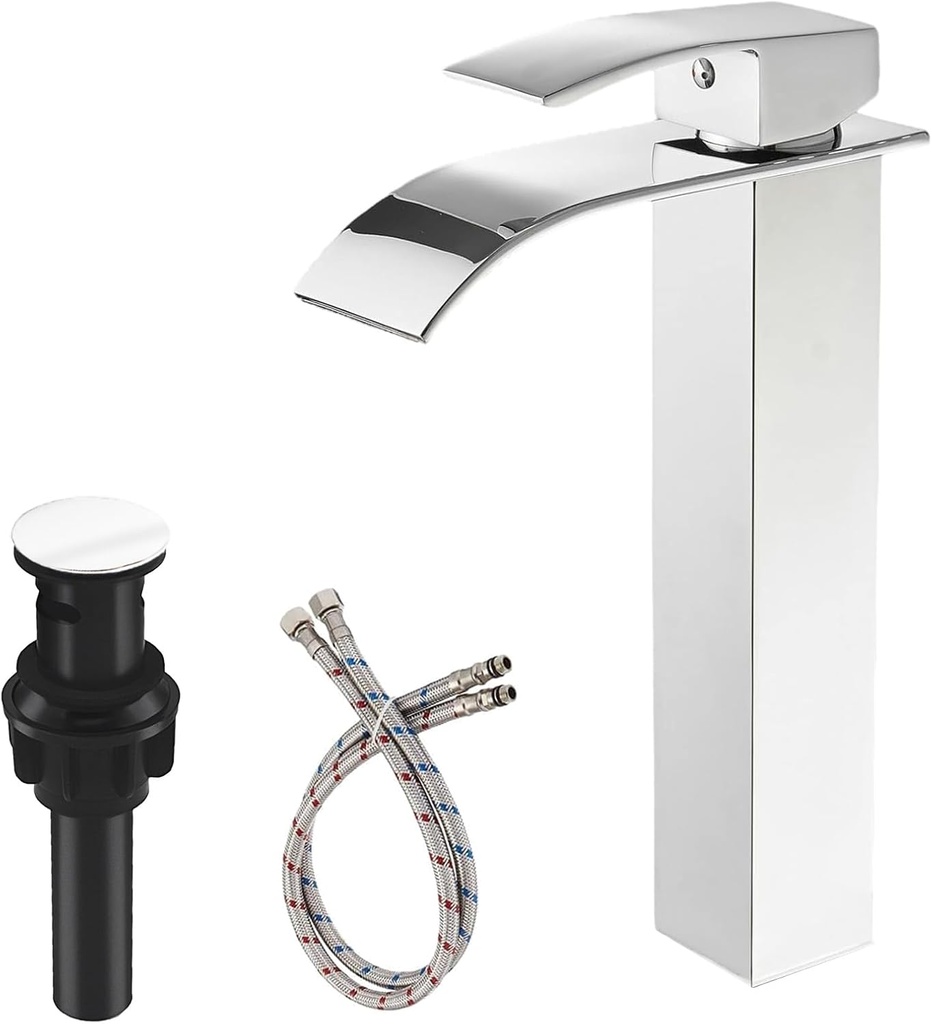 Chrome Bathroom Vessel Sink Faucet, Waterfall Type Spout Tall Body High 1 Hole Single Handle with Pop Up Drain Combo Parts Vanity Mixer Tap Commercial Basin Bowl Sink