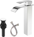 Chrome Bathroom Vessel Sink Faucet, Waterfall Type Spout Tall Body High 1 Hole Single Handle with Pop Up Drain Combo Parts Vanity Mixer Tap Commercial Basin Bowl Sink