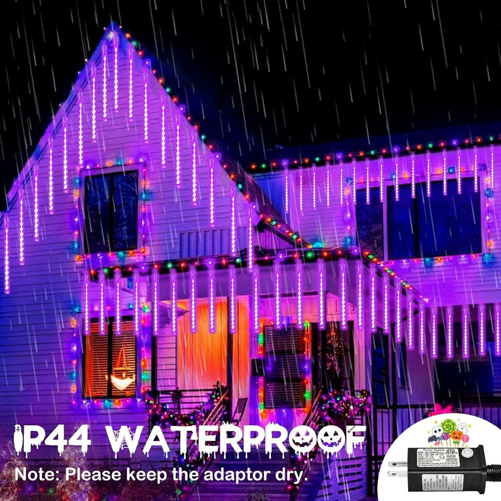 Purple 2 Pack Extendable Halloween Lights Outdoor, 16 Tubes 384 LED Meteor Shower Lights Outdoor with Timer Falling Rain string lights Plug in for Tree Garden Patio Holiday Yard Halloween Decorations