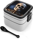 Skeleton Bento Box with Spoon, 2-layer Stackable Lunch Box Leak Proof with Invisible Handle, Insulated Food Storage for Office, Picnic & Travel