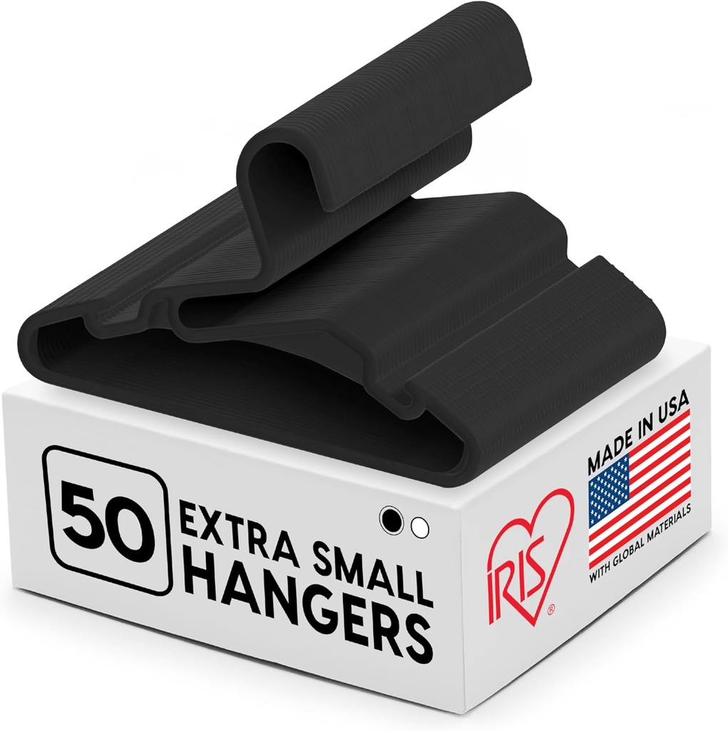 IRIS USA Extra Small Hangers 50 Pack, 11.87" W x 6.75" H, Clothes Hangers with Shoulder Grooves, S- Shaped Design, for Shirt Dress, Durable Flexible, Space Saving Laundry Room Closet Organizer, Black