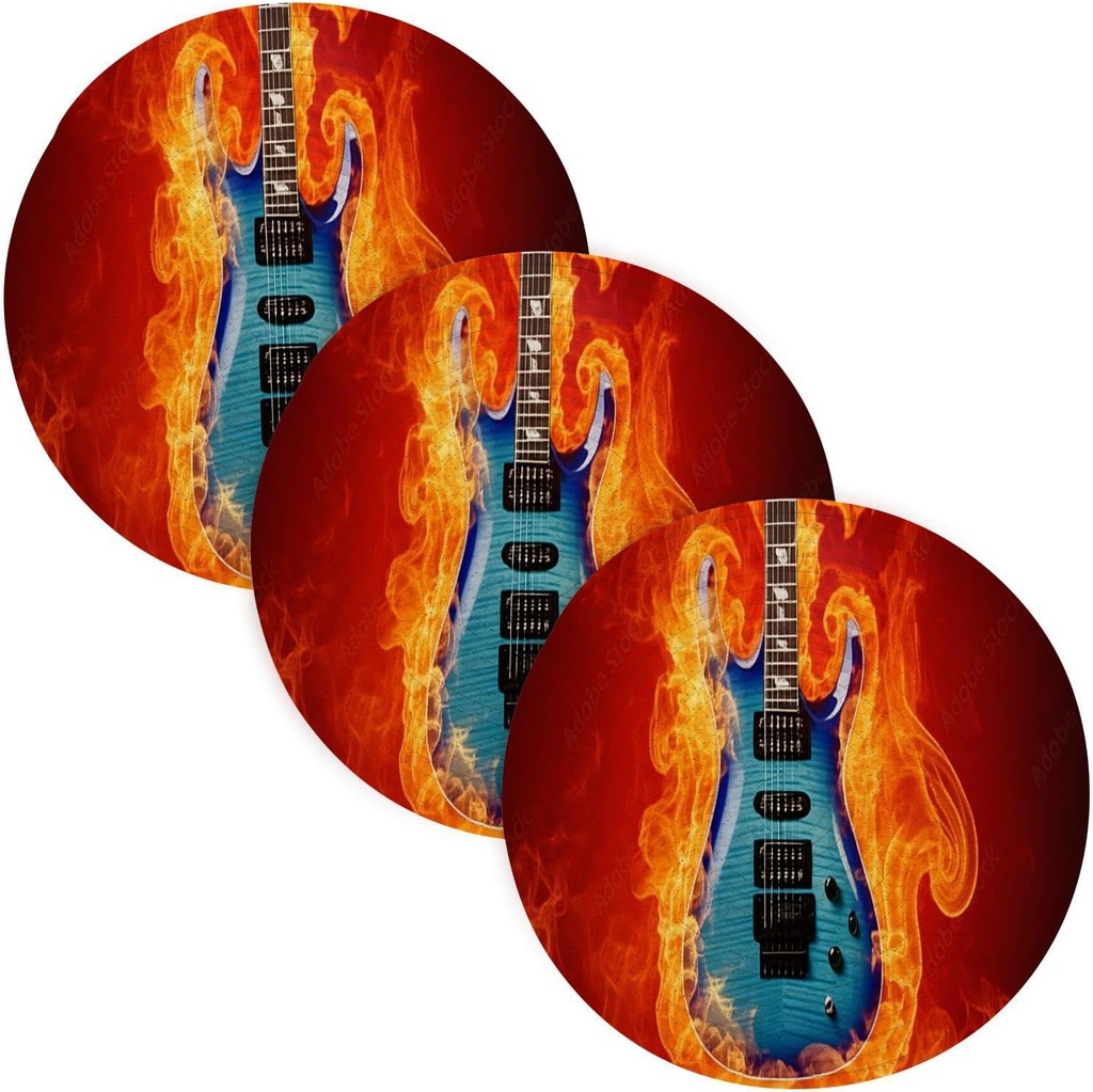 CEBUGI Blue Electric Guitar Trivets for Hot Dishes,3PCS Hot Pads for Countertops, Cotton Hot Mats 15 inch Diameter Potholders Trivets Set for Kitchen