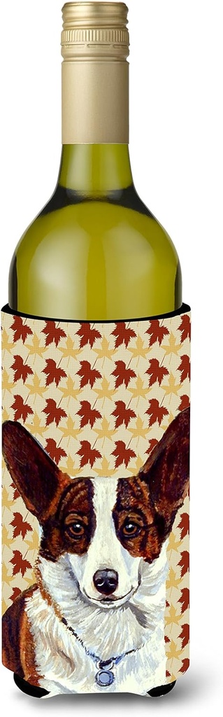 Caroline's Treasures LH9108LITERK Corgi Fall Leaves Portrait Wine Bottle Hugger Bottle Cooler Sleeve Hugger Machine Washable Collapsible Insulator Beverage Insulated Holder