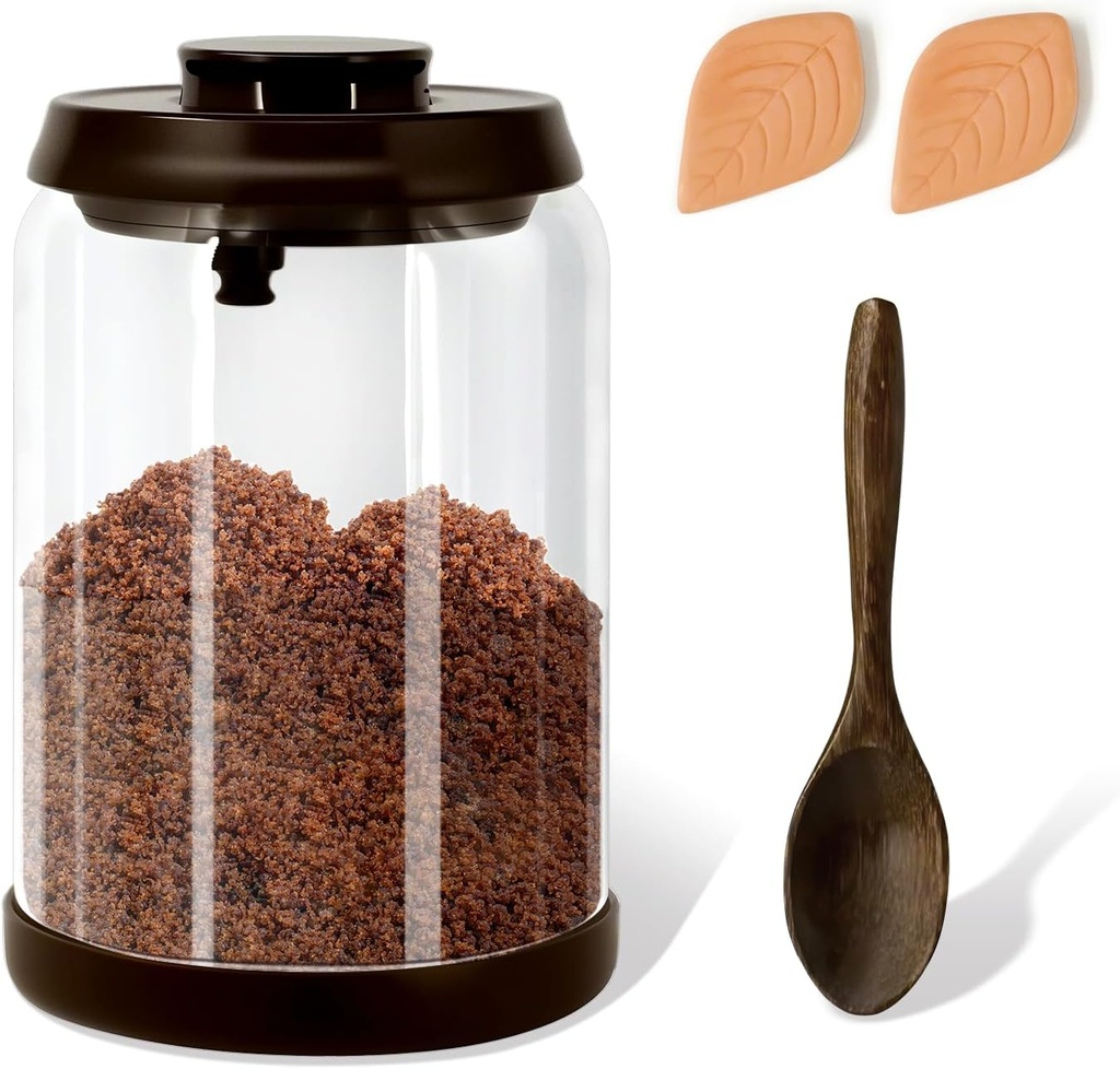 Airtight Brown Sugar Container - 4-Cup (900ml) Glass Jar with 2 Clay Discs & Spoon, Moisture Proof Storage Keeps Brown Sugar Soft - Pantry Essential for Flour, Coffee, Sugar