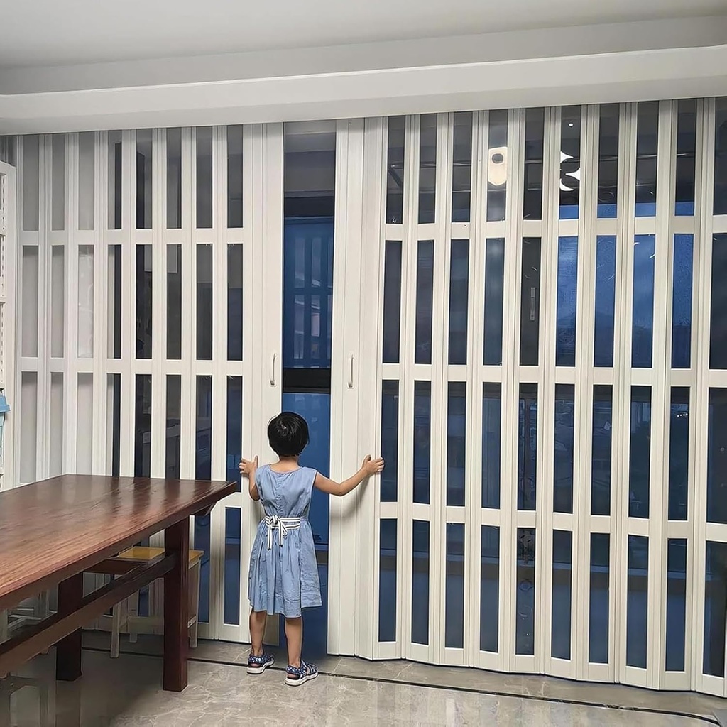 Customizable Styles & Size PVC Foldable Doors, 80 85 90 95 inch Tall Accordion Door with Handles & Acrylic Glass, Room Divider Sliding Double Door for Storeroom Kitchen Office Living Room(81x80in(206x