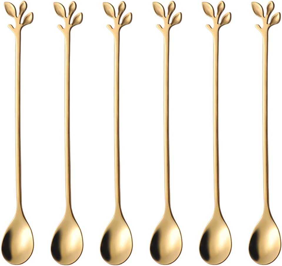 AnSaw 6.5" Elegant Leaf-Design Gold Coffee & Tea Spoons Set of 6- Long Handle Stainless Steel Stirring Spoons for Espresso, Iced Tea - Ideal Coffee Bar Accessories