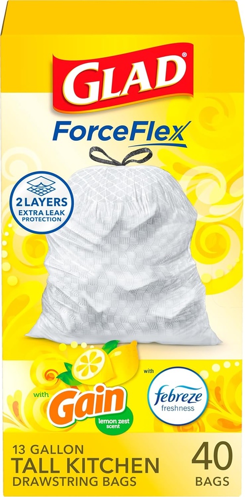 Glad ForceFlex Tall Kitchen Trash Bags, 13 Gallon, Gain Lemon Zest, 40 Count (Package May Vary)
