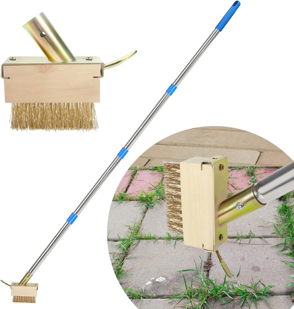 Crack Weeder, Moss Remover Tool, Manual Crevice Weeding Tool, Weed Puller Grout Brush with 67-inch Long Handle for Deck, Paver, Patio, Walkway, Driveway - 2 Weed Brush Heads 02