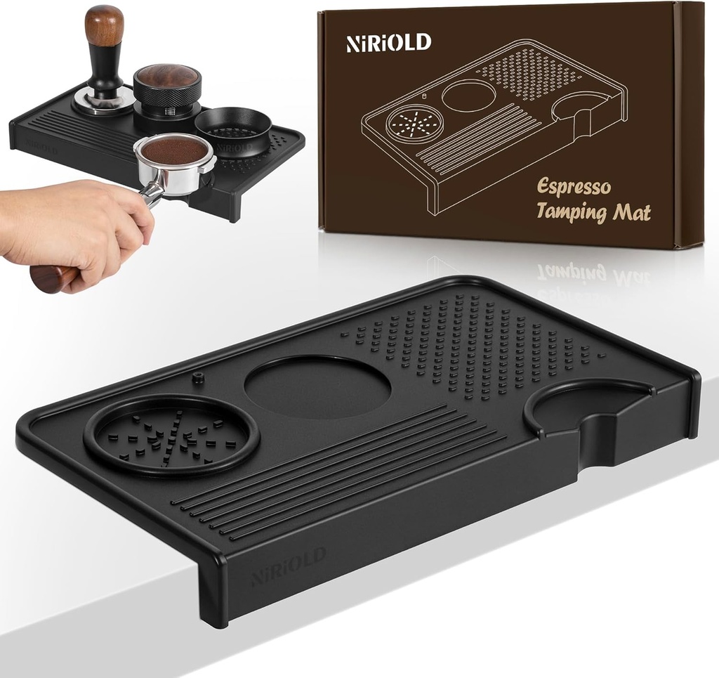 Espresso Tamping Mat, Coffee Tamper Mat, Food Grade Silicone 10.43″×5.63″ Portafilter Mat for Barista Espresso Machine Acceessories, Waterproof Heat Resistant Tamp Station for counter (Black)