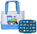 Wildkin Kids Beach Tote Bag Bundle with Bento Box (Trains, Planes, and Trucks)