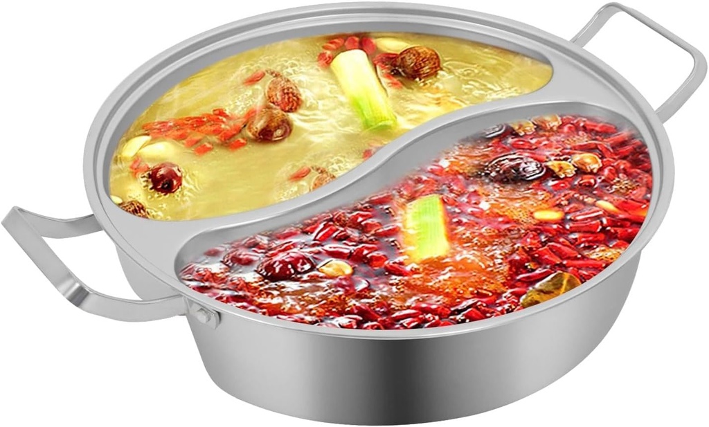 Double-flavor Hot Pot, Stainless Steel Hot Pot Set with Divider & Clear Tempered Glass Lid for Family Gatherings Restaurant Use (13.4in)