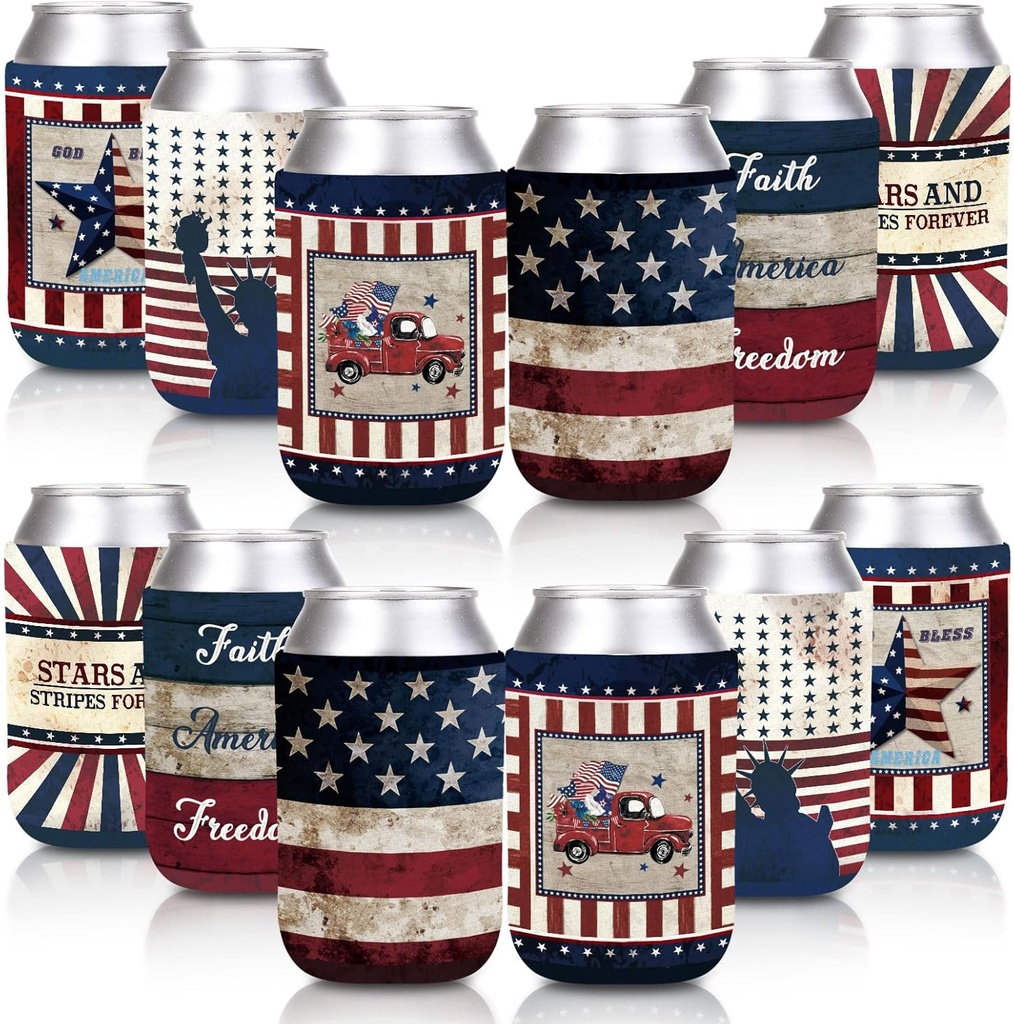 Whaline 12Pcs Patriotic Can Sleeves 4th of July Can Covers Insulators Retro USA Flag Stars Stripes Print Neoprene Thermocoolers for Beverages Bottle Can Decor Independence Day Party Supplies, 6 Design