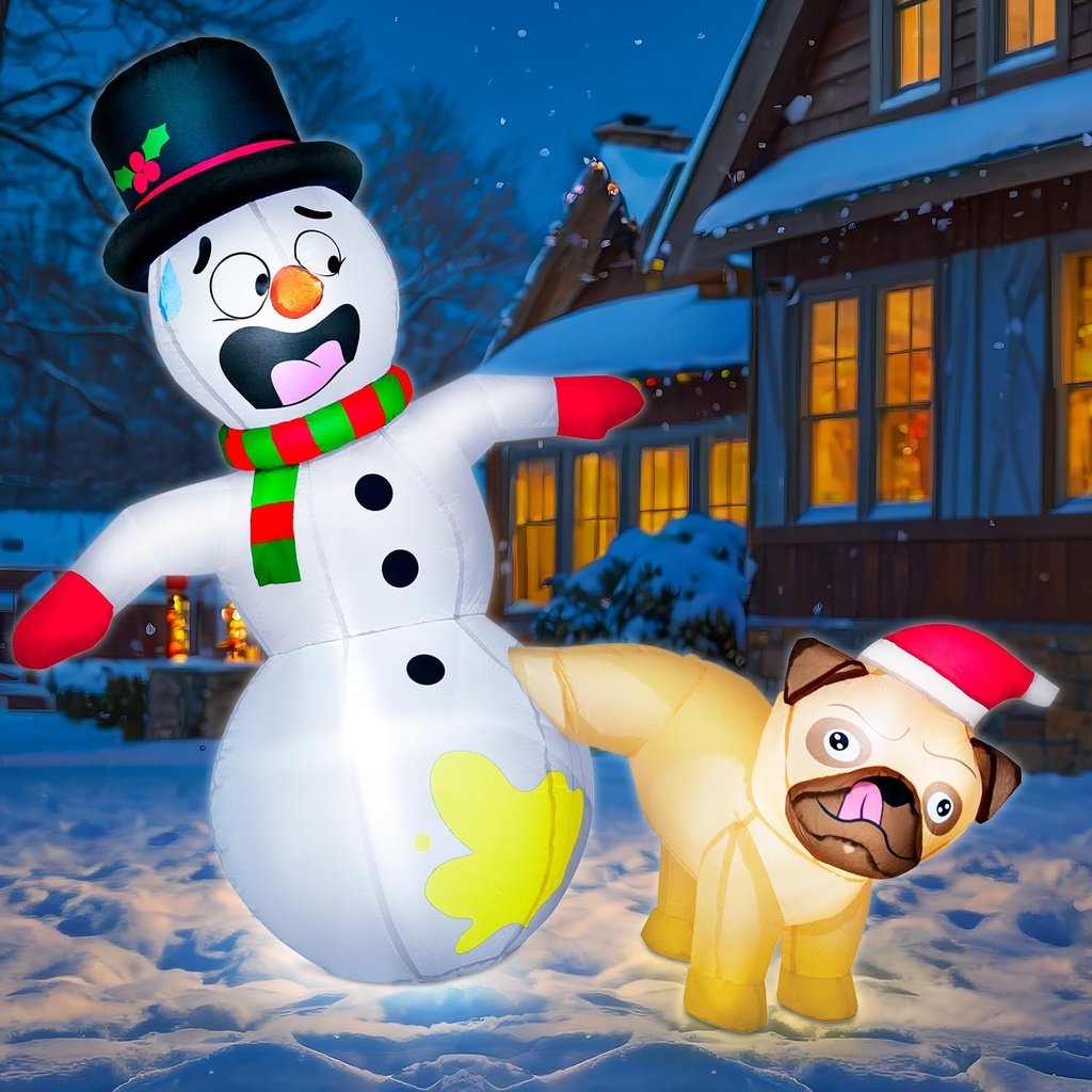 5FT Christmas Inflatables Pug Dog Peeing on Snowman, Christmas Decoration Outdoor Built-in Bright LED Light Christmas Blow Up Yard Decorations Blowups for Holiday Party Xmas New Year
