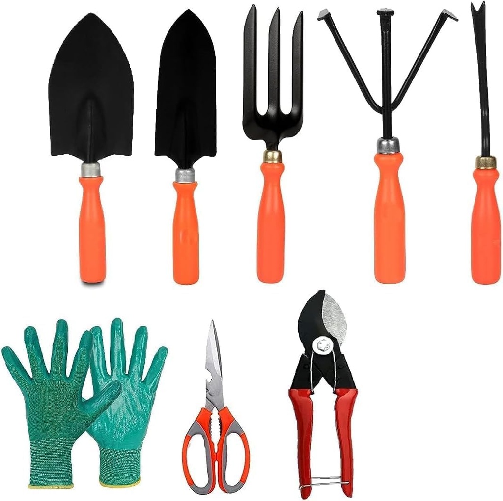 Tools Kit - 8 Pcs (Cultivator, Fork, Trowels, Weeder, Garden Gloves, Pruner Cutter, Scissors) | Gardening Tools Set for Home Garden