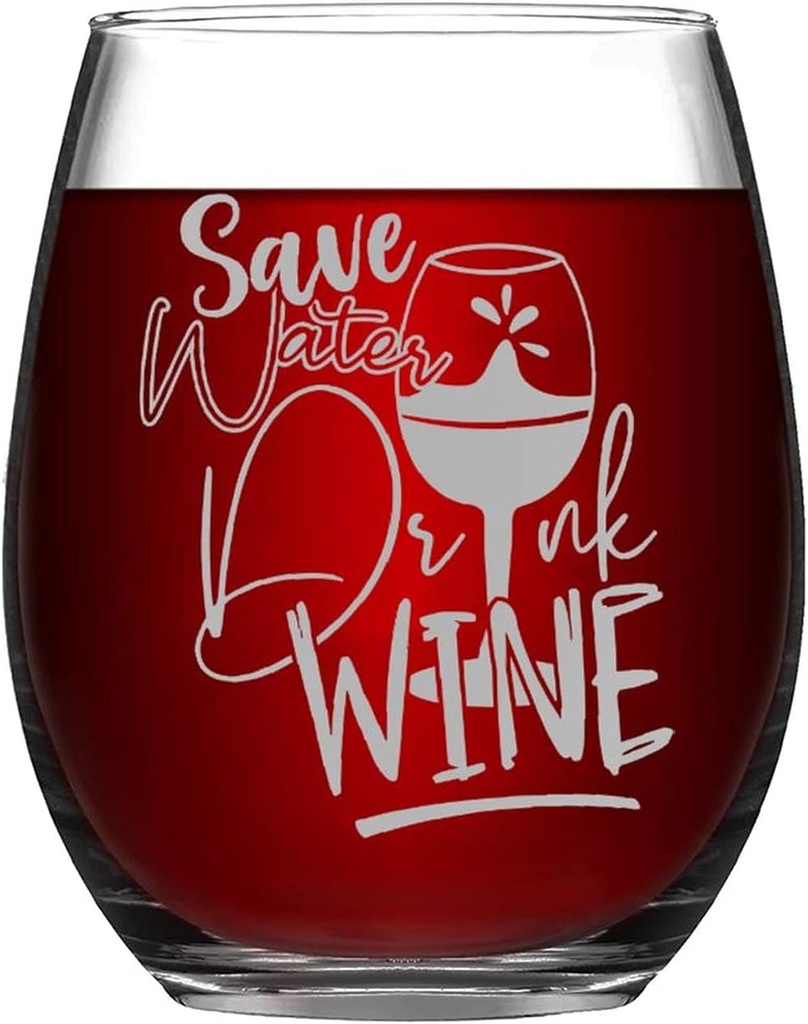 Save Water Drink Wine Funny Stemless Wine Glass Laser Engraved Whiskey Glass Shot Glass Unique Novelty Idea for Him, Her, Mom, Wife, Boss, Sister, BFF, Birthday Gifts, 15 oz