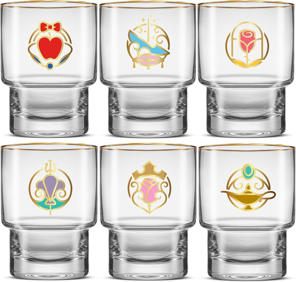 JoyJolt Disney Princess Iconic 10 oz Short Drinking Glasses, Lowball Glass Cups Set of 6 ft Snow White, Cinderella, Sleeping Beauty and more, Water, Juice, Coffee, Tea Tumblers, Disney Gifts