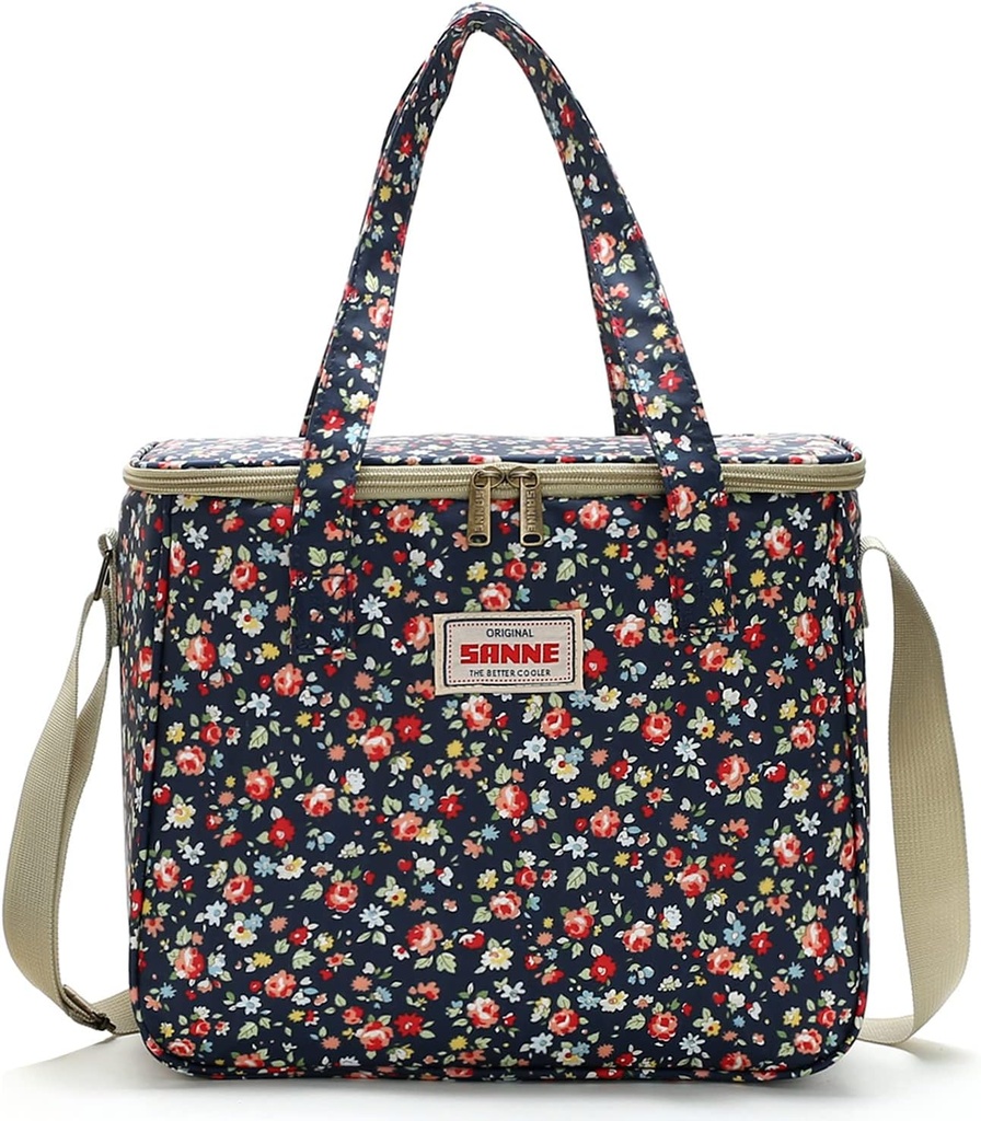 Reusable Lunch Bags for Women Girls, Insulated lunch Box with Adjustable Shoulder Strap, Cute Thermal Cooler tote Bag for School/Beach/Hiking/Picnic/Workout-Navy Floral