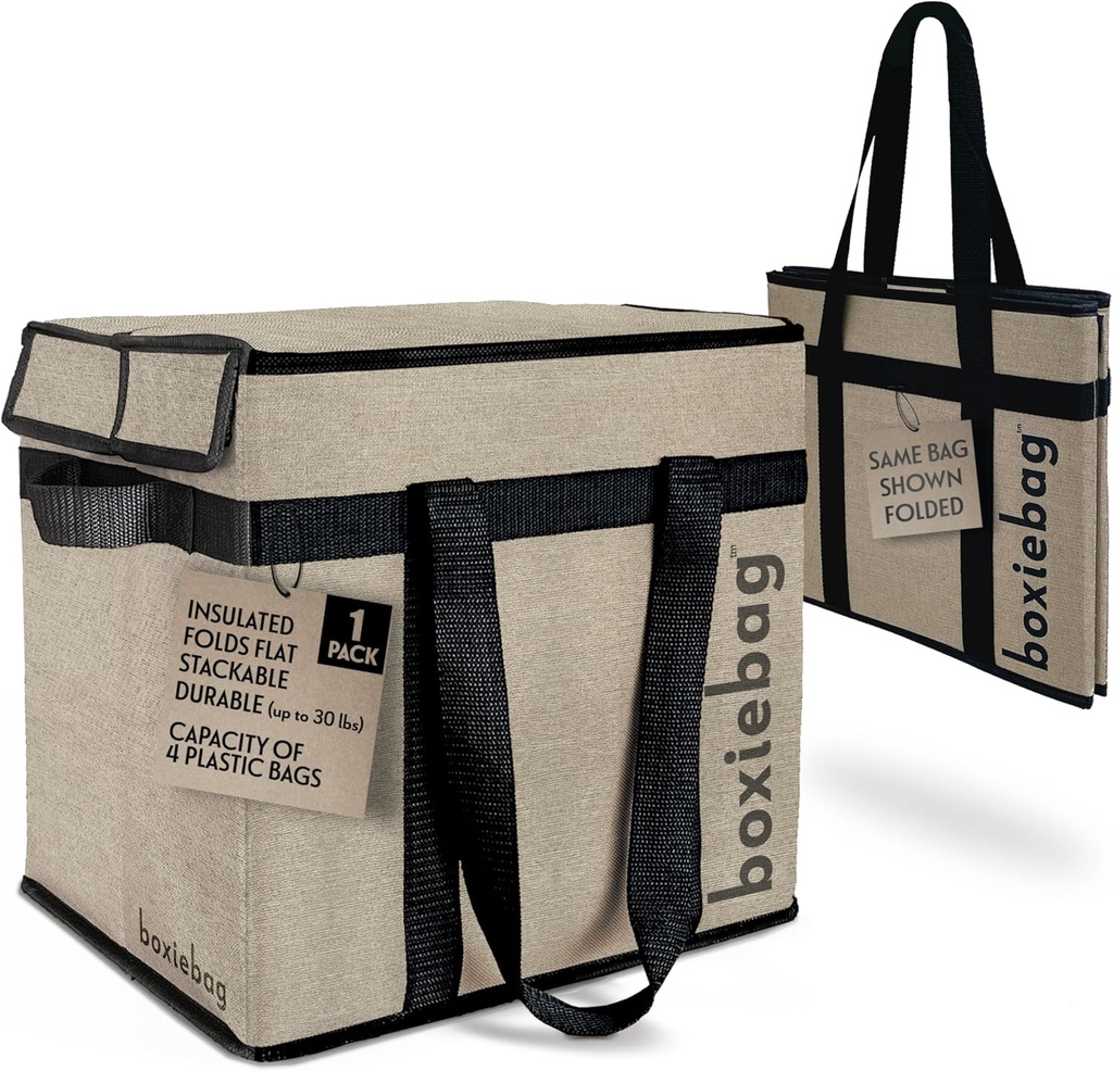 Collapsible Reuseable Insulated Grocery Bag - Stackable Heavy Duty Grocery Tote - (1 Pack) 2 Year Warranty.