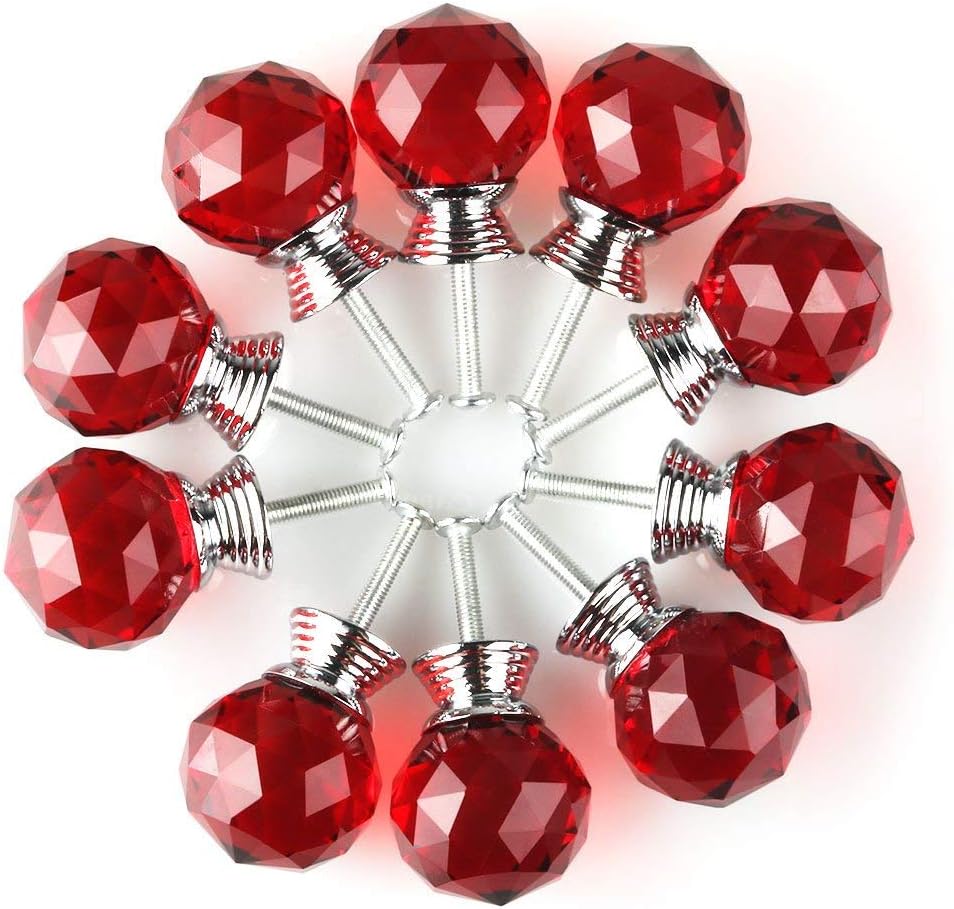 Round Shape Crystal Glass 30mm Kitchen Cabinet Door Drawer Knob Cupboard Dresser Wardrobe Pull Handle with Screws, 10pcs Red