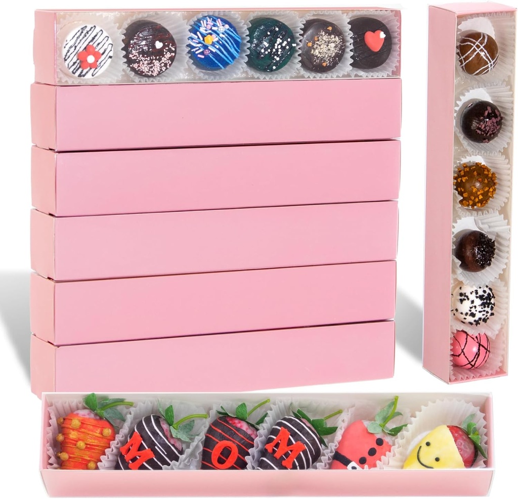 50Pack Strawberry Boxes - 12x2.2x2 Inch with Clear Window for Macaron, Chocolate Truffle, Cookie & Bakery Boxes