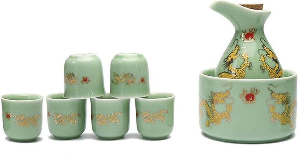 Ceramic Sake Set Sake Set 8 Pieces Japanese Sake Set with Warming Pot, Ceramic Wine Glass Set, SsangYong Pattern Crafts Cups for Cold/Warm/Hot Sake/Shochu/Tea