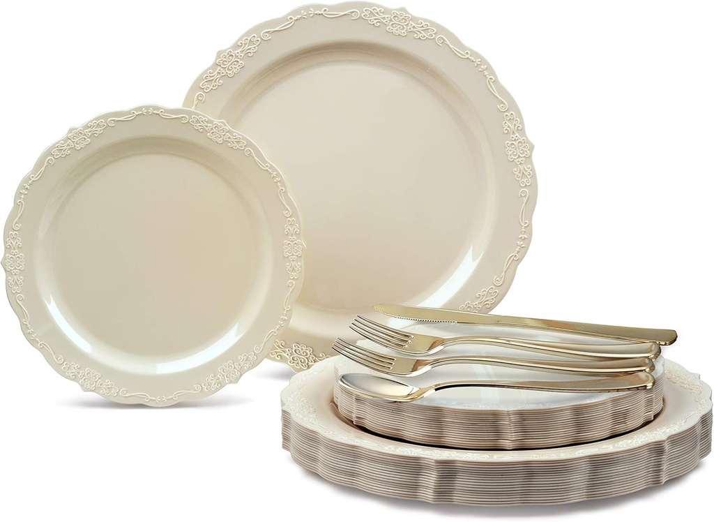 " OCCASIONS " 150 Piece set (25 Guests)-Vintage Wedding Plastic Plates & cutlery -Disposable Dinnerware 10'', 7.5'' + Silverware w/double fork (Verona Plain Ivory)