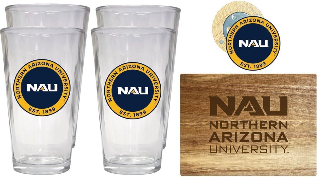 R and R Imports Northern Arizona Lumberjacks Officially Licensed Kitchen Pack - Wood Cutting Board, 4 Pint Glasses & Magnetic Bottle Opener