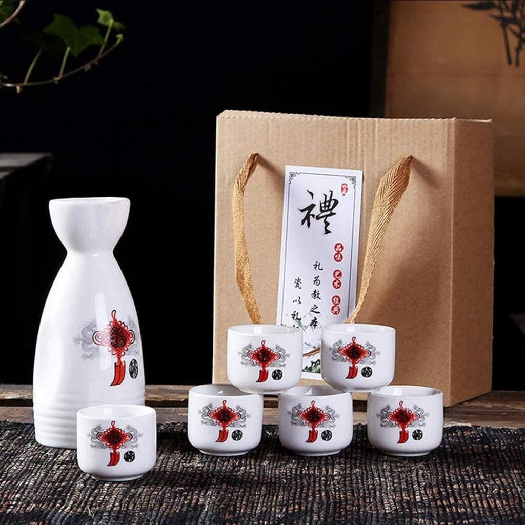 Exquisite 7-Piece Ceramic Sake Set – 6 Hand-Painted Chinese Style Cups & Pottery, Traditional Design with Gift Box, Dishwasher Microwave Safe