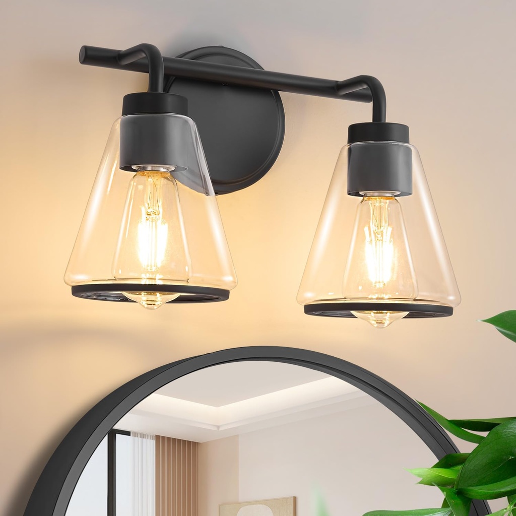 Black Bathroom Vanity Light 2 Lights Bathroom Light Fixtures Over Mirror Vanity Lighting Fixtures with Clear Glass Shade 14 inch Modern Vanity Lights for Bathroom Wall Sconce Lights for Bedroom
