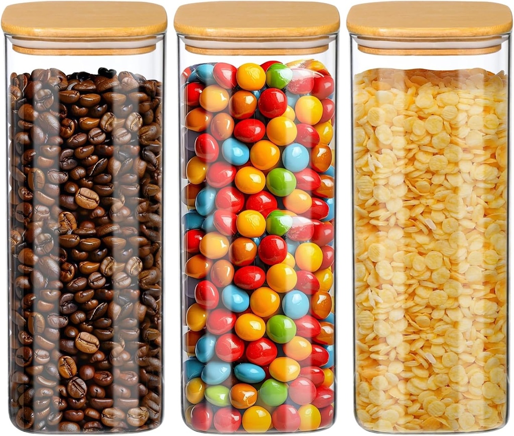 Homaisson 3 Pcs Square Glass Storage Canisters, 59.2 oz Transparent Food Storage Containers with Wooden Lids, Airtight Kitchen Storage Jars for Beans, Cereals, Tea, Sugar, 3.9×3.9×9.8 Inch