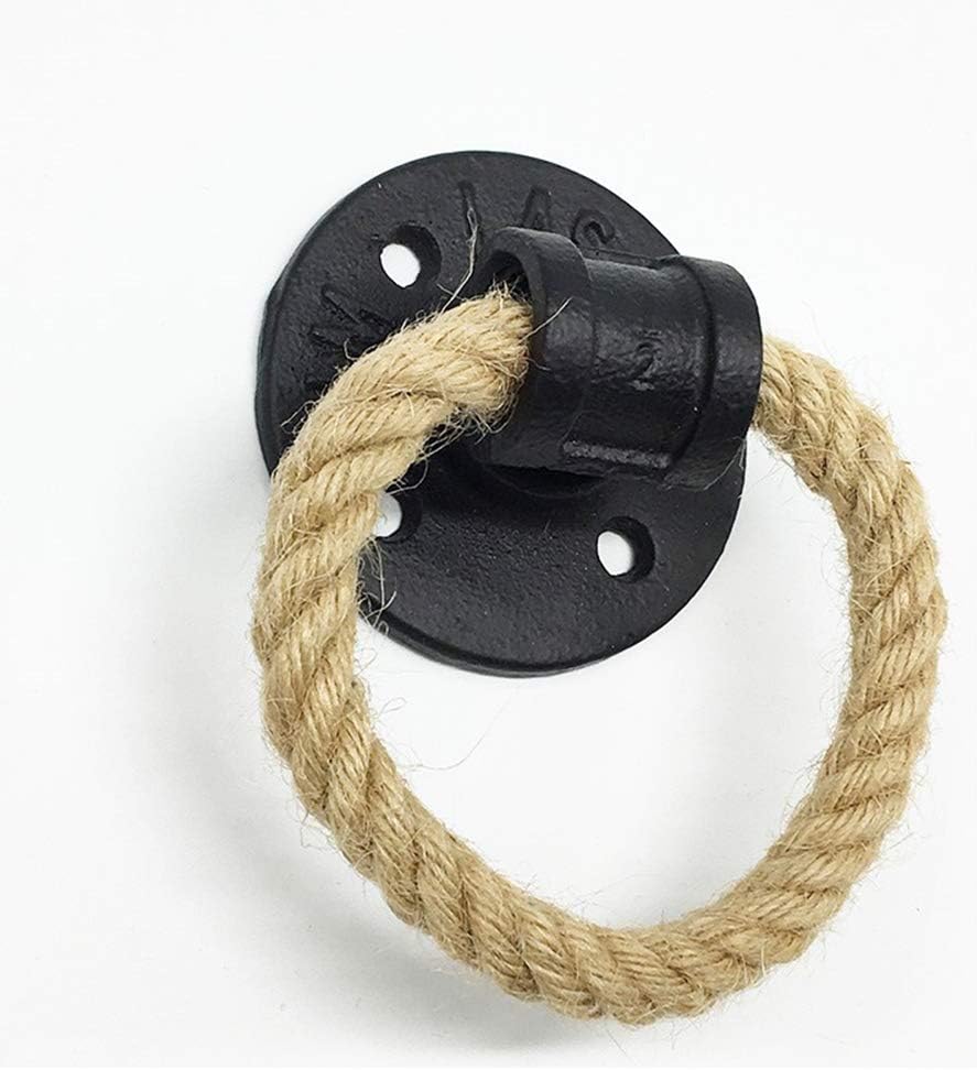 Rustic Metal Hemp Rope Barn Door Handle Black Drop Ring Pull Set of 2, Indoor or Outdoor Farmhouse, Cast Iron, Grab Bar Handles for Gate, Closet, Sliding Door Handle Hardware Knobs (2)