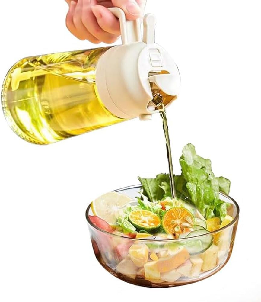 2 in 1 Glass Oil Sprayer & Dispenser, Upgrade 16/20Oz Large Capacity Olive Oil Dispenser Bottle for Kitchen, Food-grade Oil Spray Bottle with Handle for Cooking, Air Fryer, Frying, BBQ (White, 600ml)