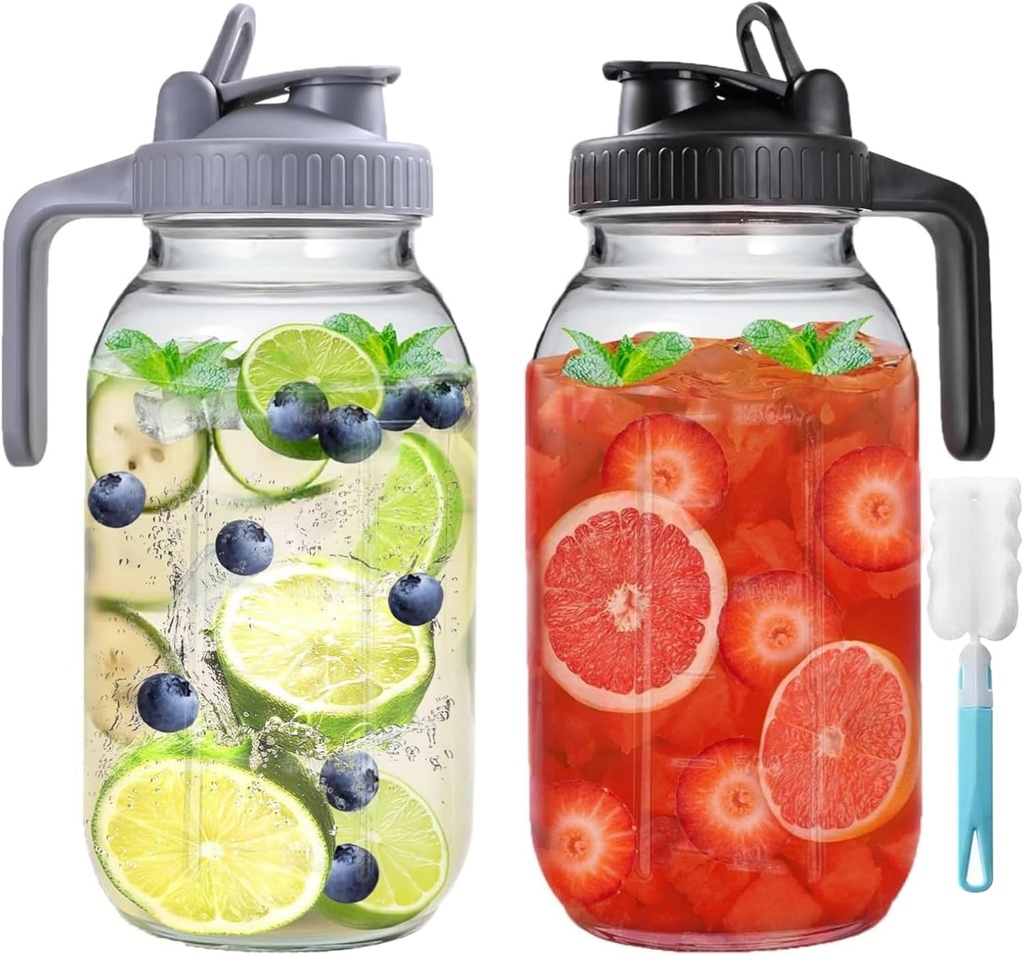 2 Pack 64 oz Glass Pitcher With Lid, Mason Jar Pitcher, 2 Quart Breast Milk Pitcher Jug with Flip Cap Leak Proof, Glass Sun Tea Jar for Ice Tea, Cold Brew Coffee, Breast Juices