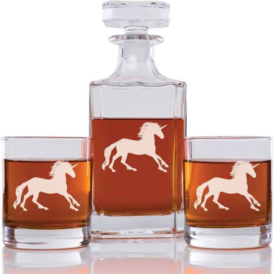 Abby Smith Unicorn Engraved Decanter and Rock Glasses, Set of 3
