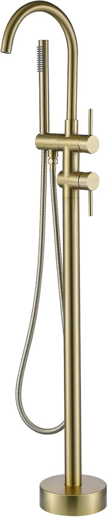 Taplong Floor Mount Tub Filler Freestanding Bathtub Faucet Solid Brass Free Standing Tub Faucet Brushed Gold with High Flow Swivel Spout and Handheld Shower Faucets with Handheld Sprayer for Bathroom