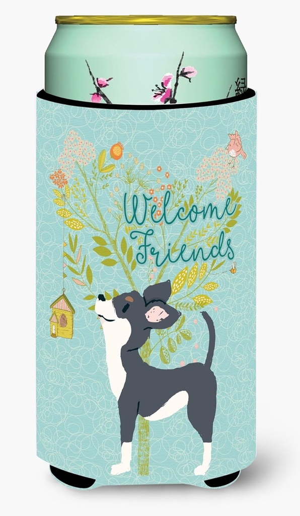 Caroline's Treasures BB7627TBC Welcome Friends Black White Chihuahua Tall Boy Hugger Can Cooler Sleeve Hugger Machine Washable Drink Sleeve Hugger Collapsible Insulator Beverage Insulated Holder