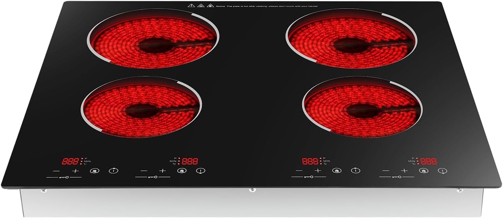 30 Inch Electric Cooktop, 3000w 4 Burners Electric Stove with Touch-Adjustable Control,Drop-In Ceramic Glass Cooktop with Child Safety Lock and Led Digital Display for Kitchens, Snack Bars
