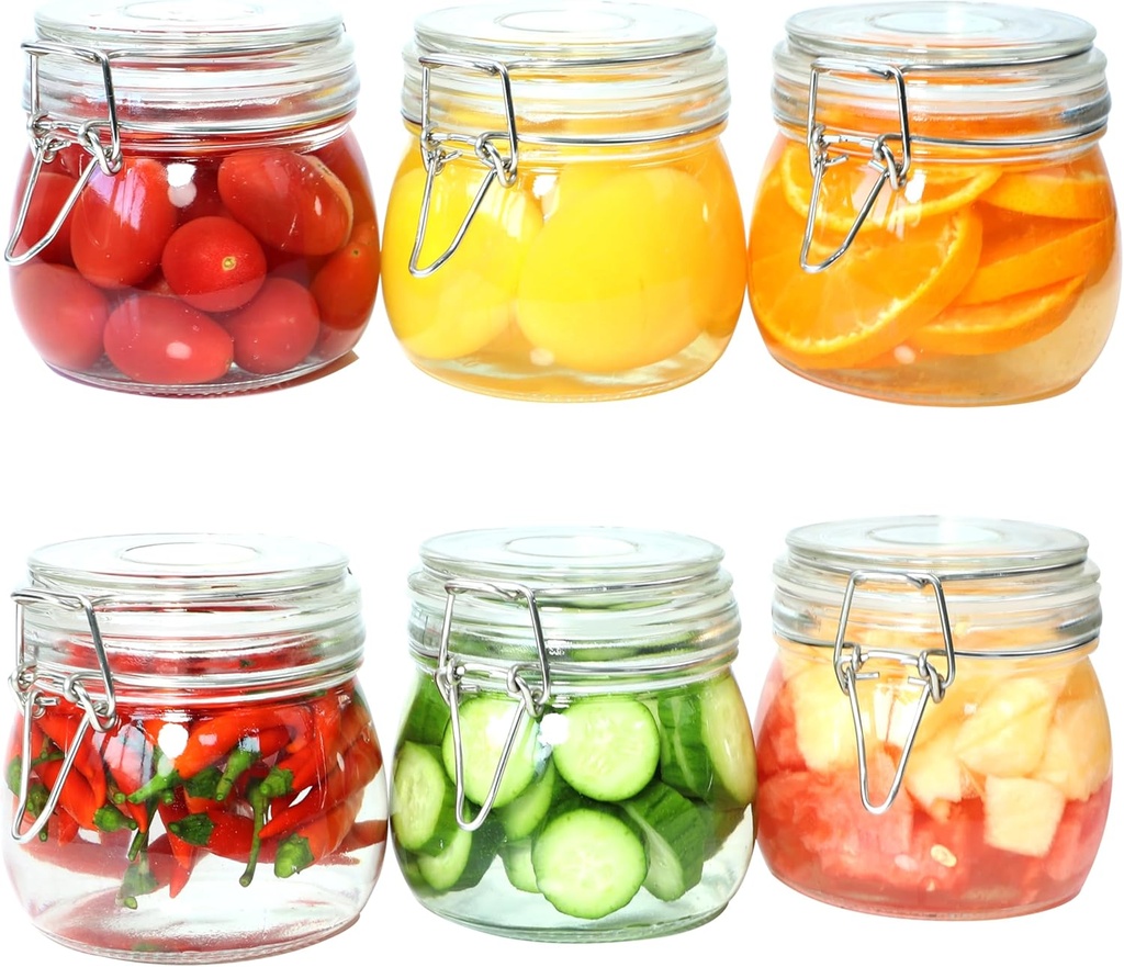 Glass Jars With Airtight Lid 16 Oz (Set Of 6) Wide Mouth Mason Glass Airtight Storage Canisters Leakproof For Coffee Sugar Nuts Spice Refrigerator Pickles & Preserves Tea For Fridge Kitchen Pantry